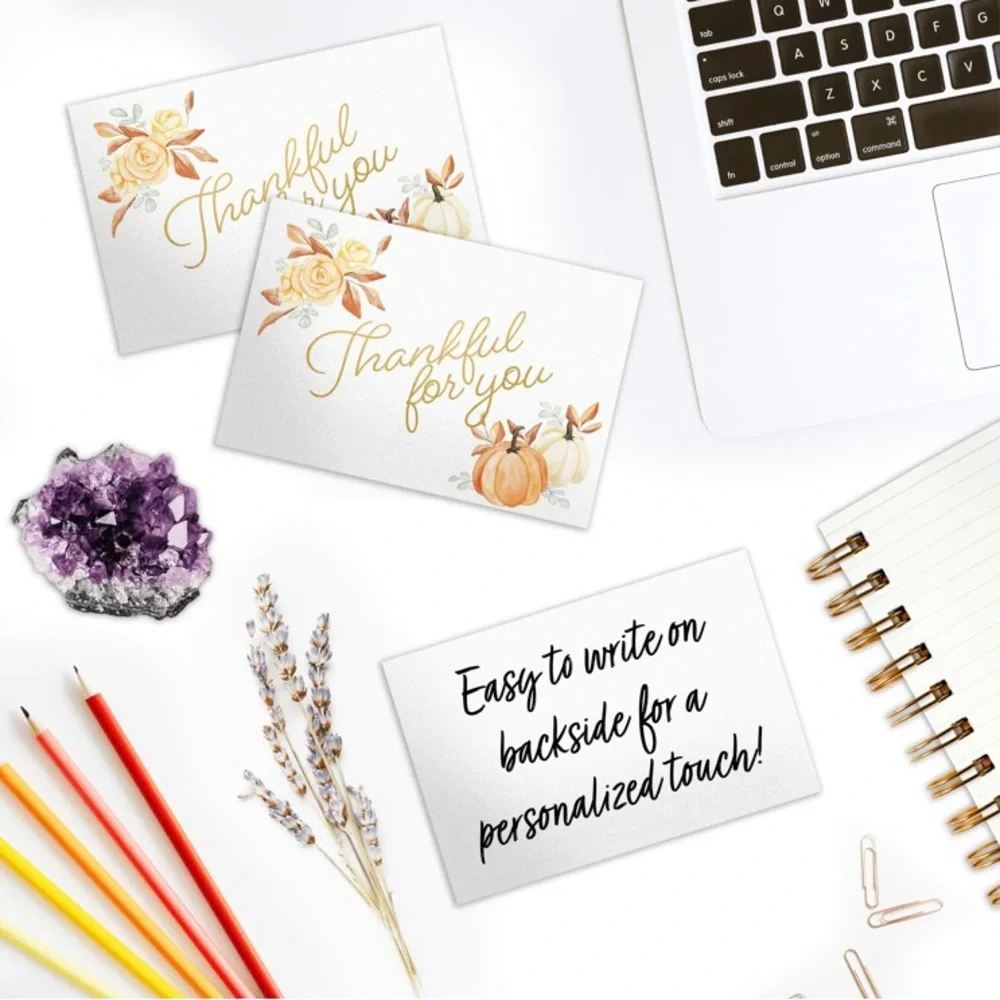 Set of 50 “Thankful for You” 4x6 Thank You Cards Fall Pumpkin Design Orange